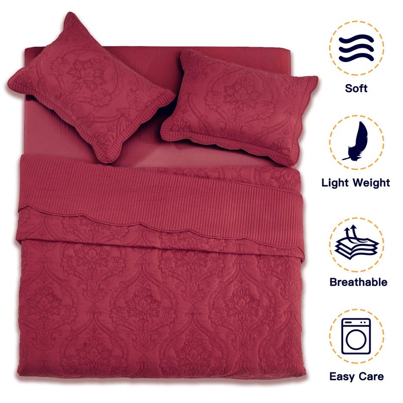 CHIXIN Oversized Bedspread Coverlet Set King Size - Lightweight Bedding Cover - Beautiful Stitching - 5 Piece Reversible Bedspread - Gorgeous Damask Paisley Pattern (King, Wine Red) - Image 3